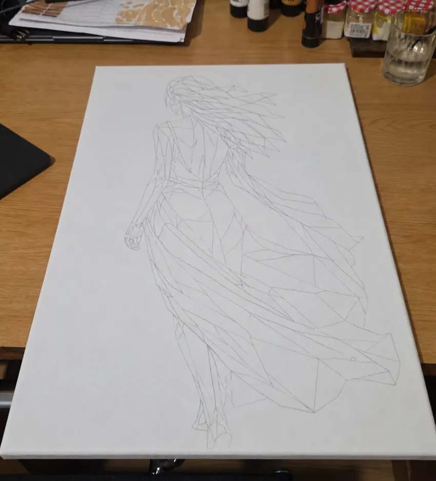 Prima fase: disegno geometrico sulla tela